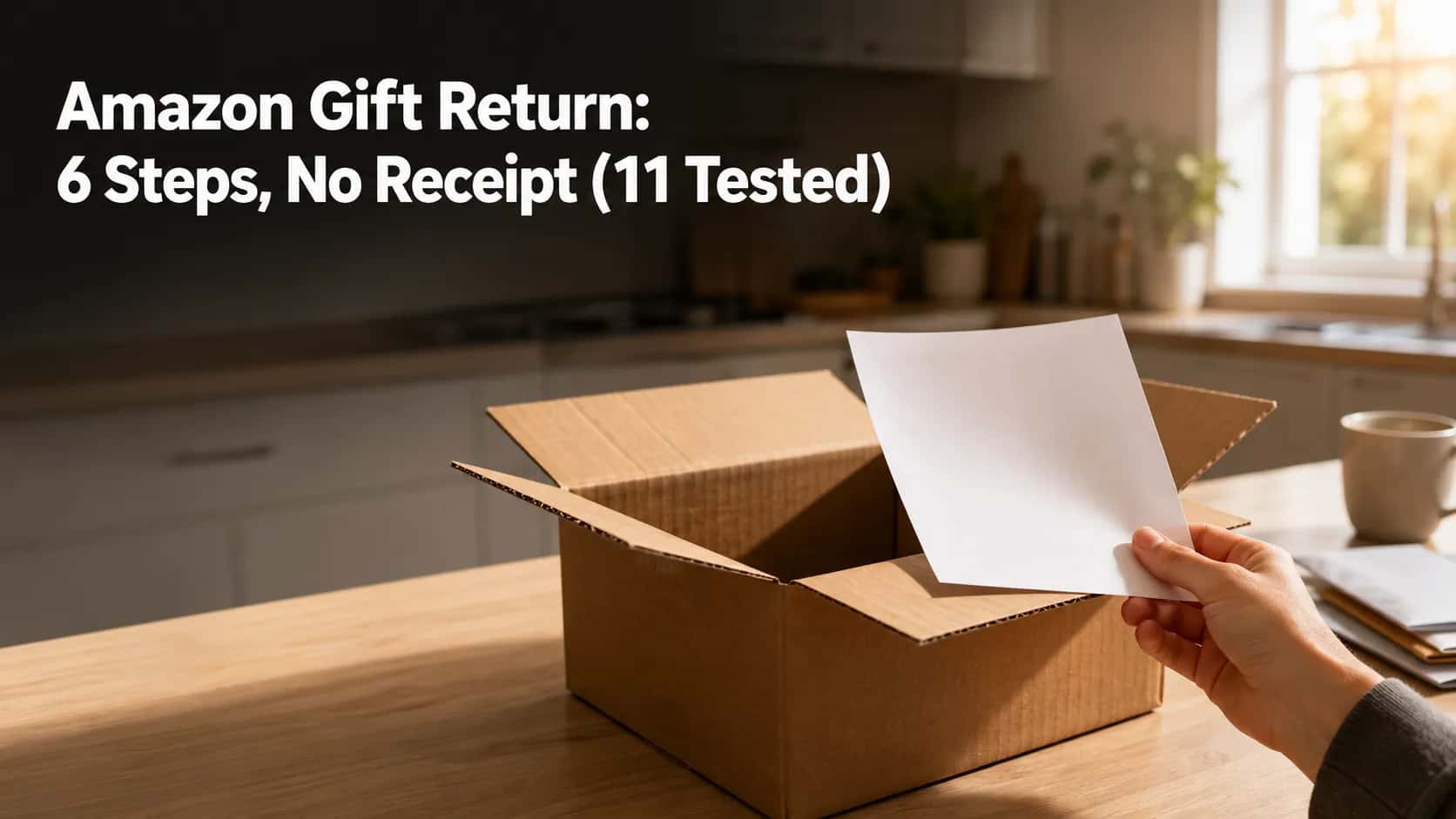 Featured image showing an opened Amazon shipping box on a kitchen counter with a packing slip held above it, illustrating the gift return process without a receipt. memcite