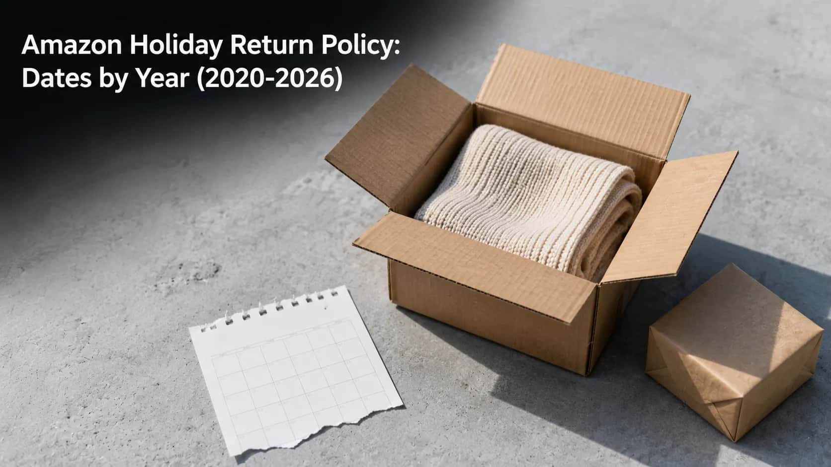 Opened shipping box with a folded knitted scarf, a small parcel, and a torn calendar page, illustrating Amazon holiday return policy dates from 2020 through 2026.