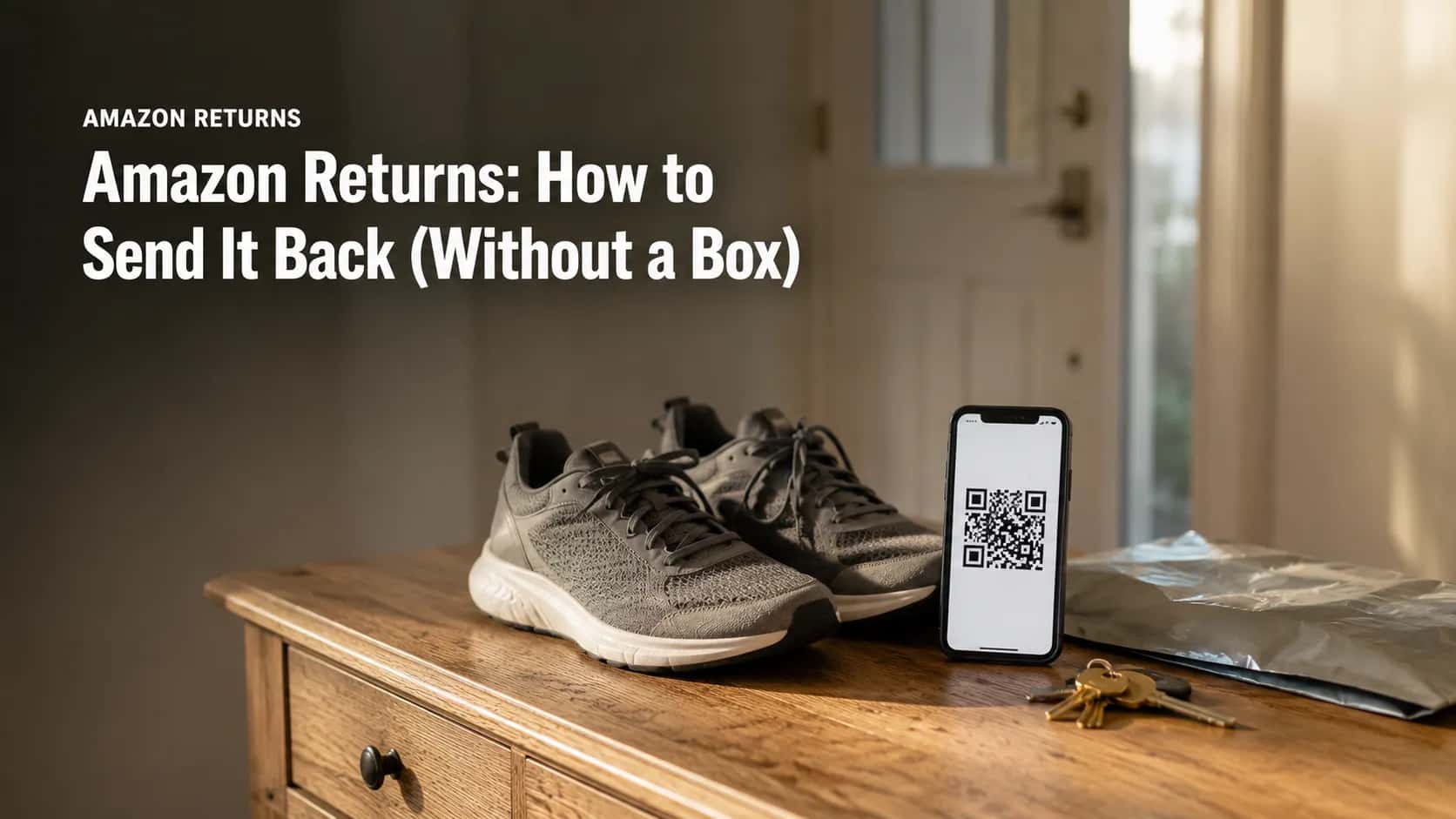 Grey running shoes, a smartphone displaying a return QR code, keys, and a poly mailer on a hallway table, illustrating Amazon box-free returns with a featured title overlay.