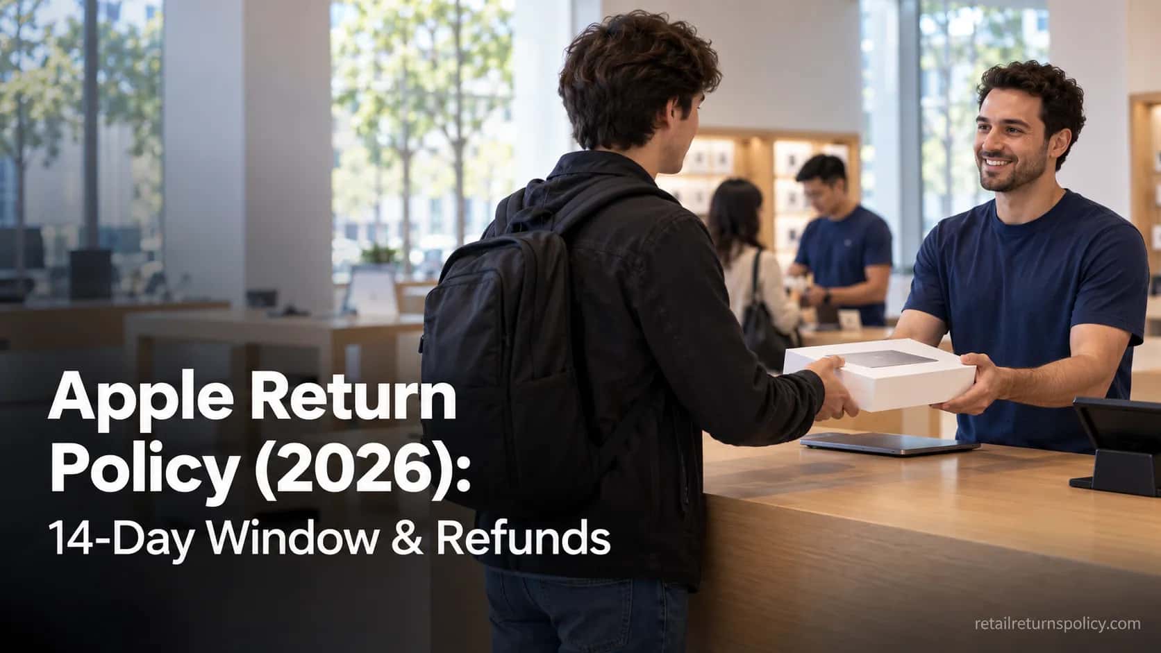 Shopper returning a boxed Apple device at an Apple Store return counter.