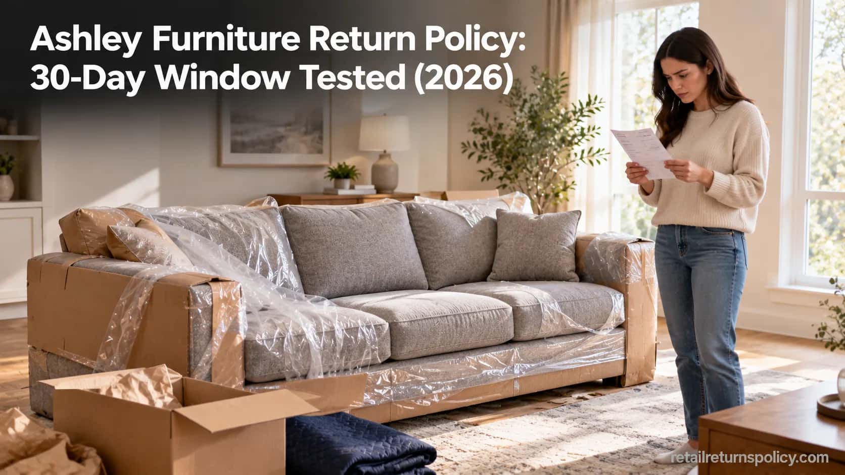 Ashley Furniture return policy 2026 guide cover showing a new sofa in delivery packaging and a shopper reading a receipt.