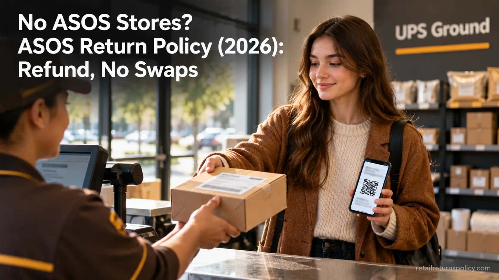 Shopper dropping off an ASOS return at a UPS Ground counter with a return QR code on her phone.