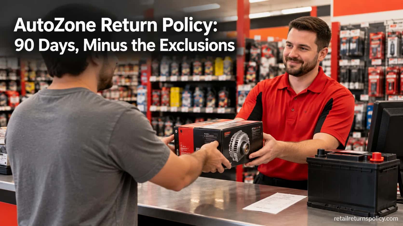 Customer returning a boxed car part at an auto-parts store return counter