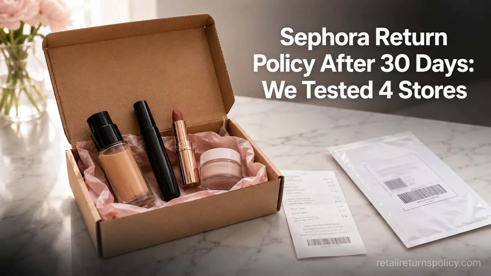 Beauty store return windows after 30 days, gently used cosmetics in an open return box