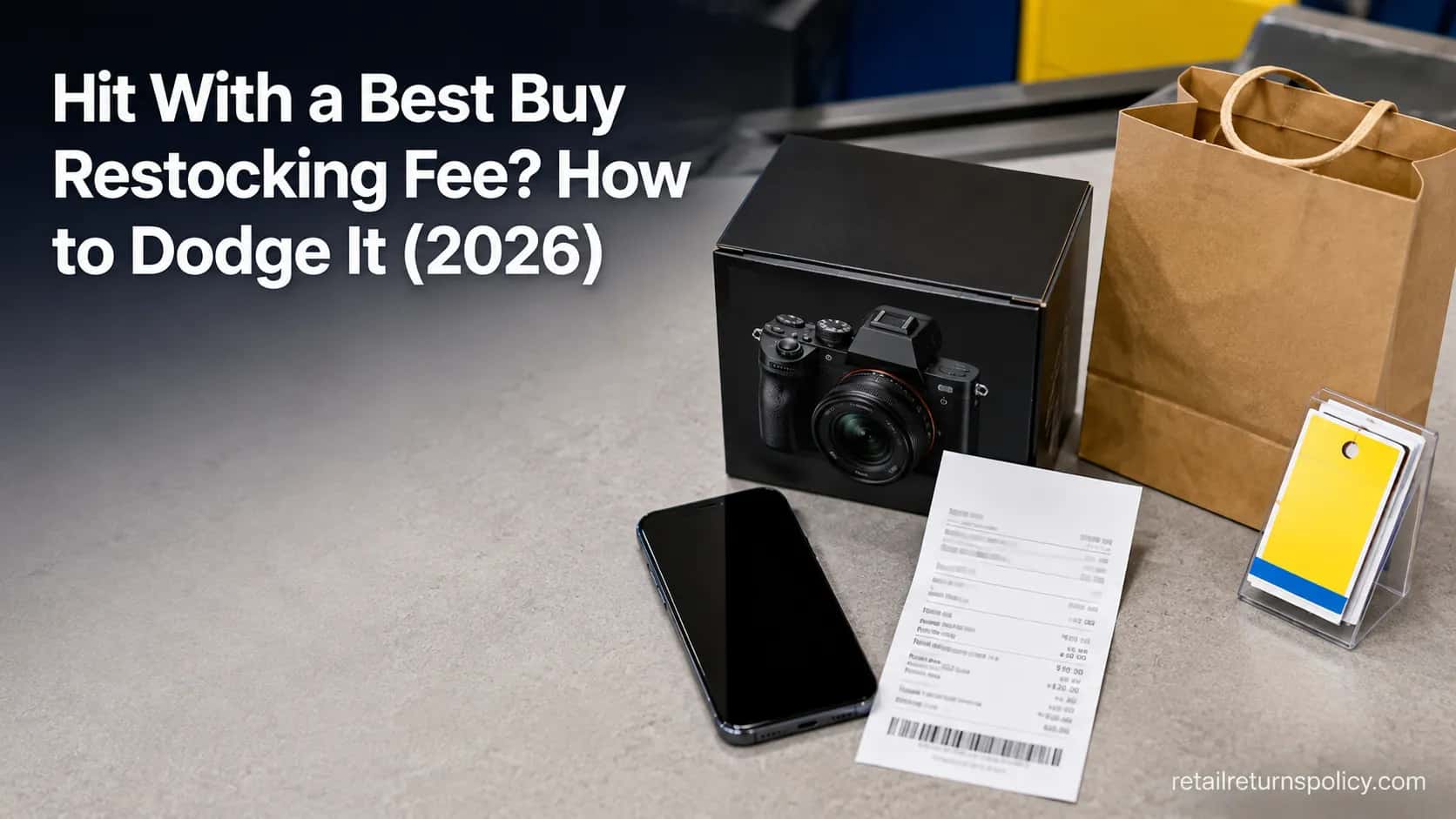 Boxed camera, smartphone and Best Buy return receipt on a counter illustrating restocking fee rules.