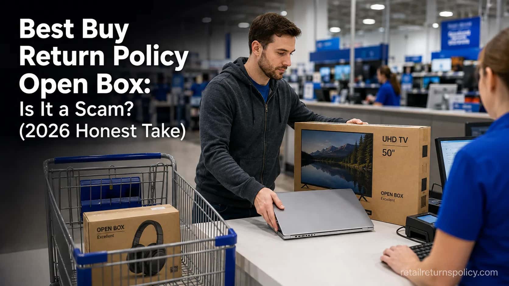 Shopper returning an open-box laptop and television at a Best Buy returns counter