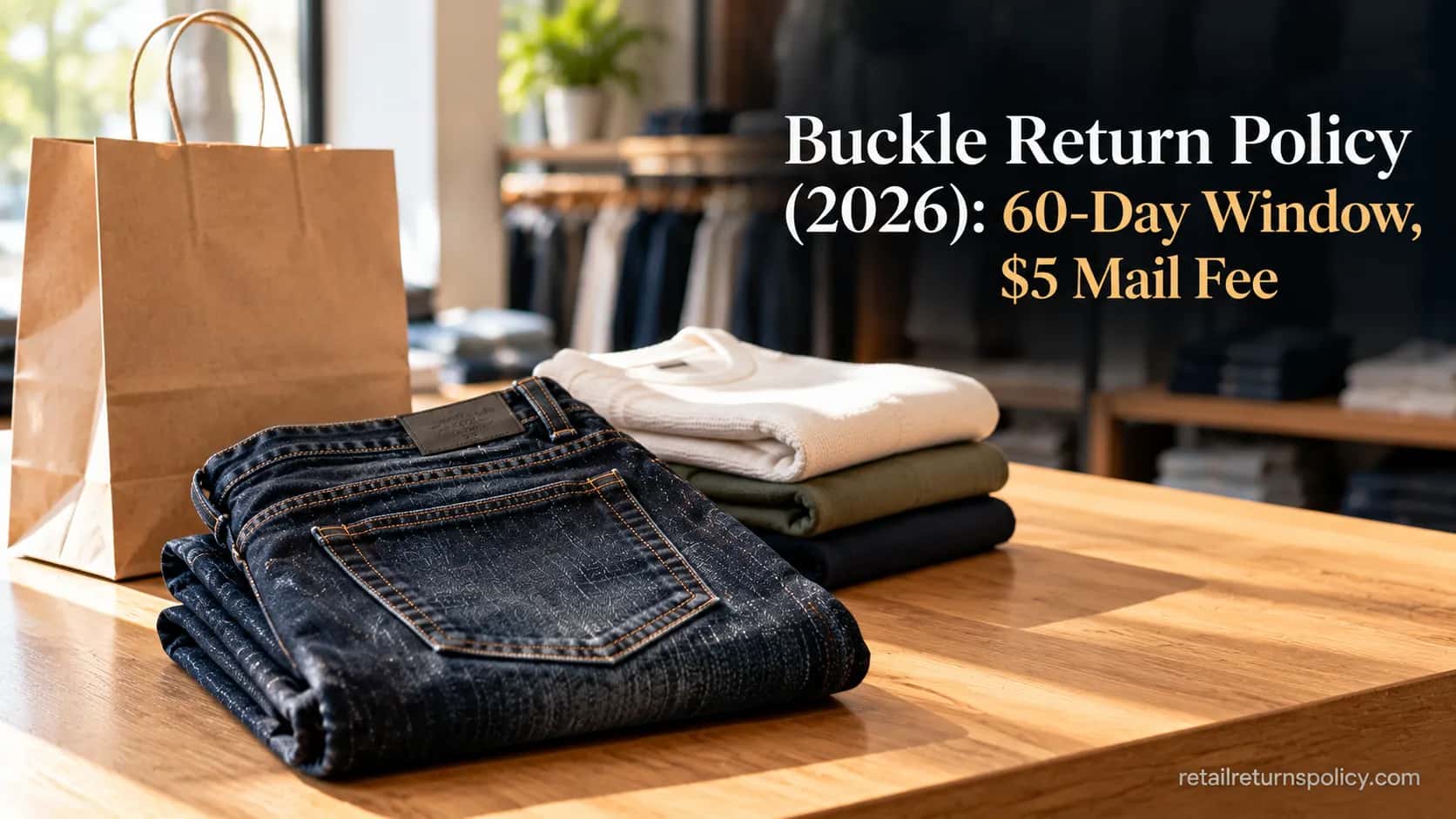 Buckle return policy 2026 guide cover with folded premium denim jeans on a retail counter