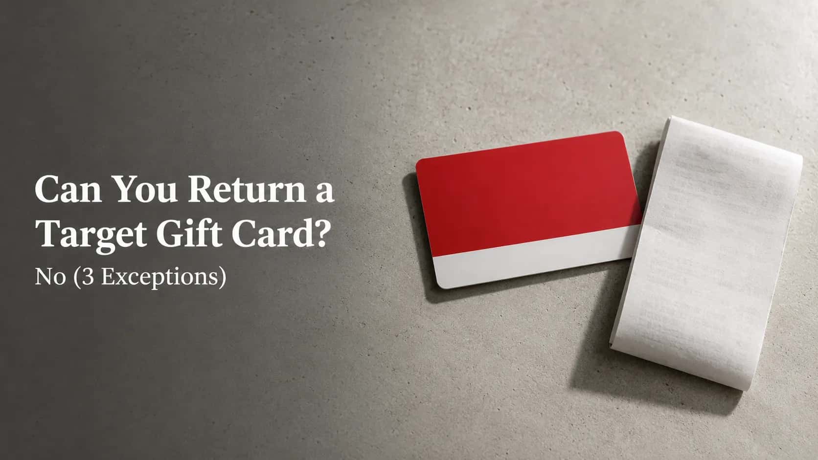 Featured image showing an unbranded red and white gift card beside a folded receipt on a gray surface with the title “Can You Return a Target Gift Card? No (3 Exceptions)”.