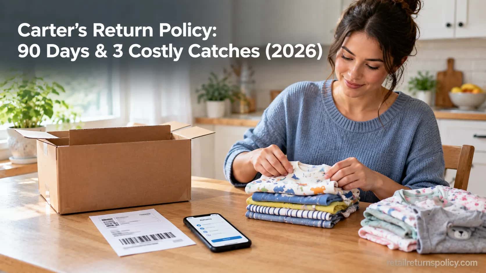 Parent folding baby clothes beside an open shipping box and printed return label while checking a returns screen.