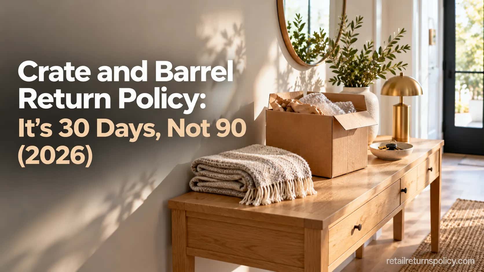Crate and Barrel return policy 2026 guide cover with a shipping box in a modern home entryway.