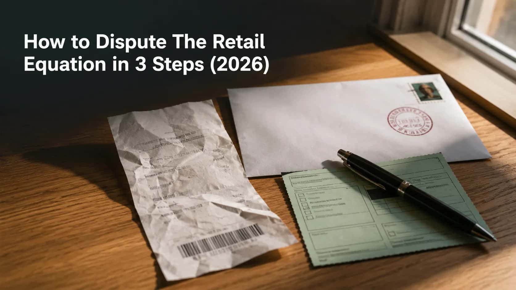 Featured cover showing a return-decline receipt beside a certified mail envelope, green return receipt card, and pen on an oak desk with the title “How to Dispute The Retail Equation in 3 Steps (2026)