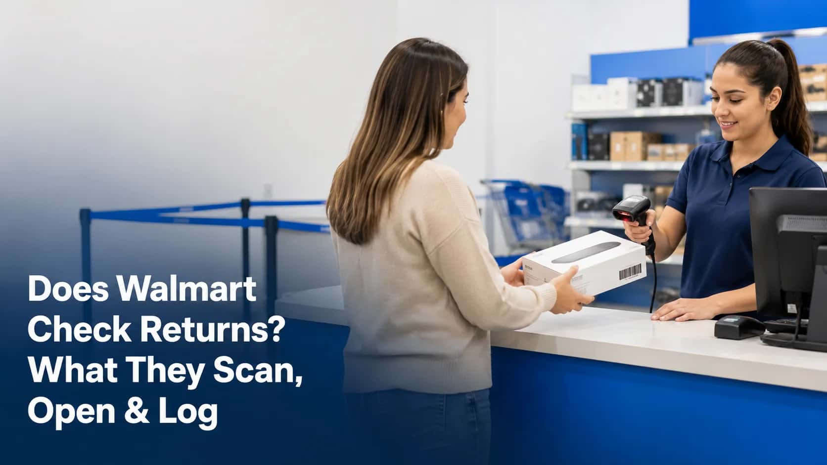 Customer hands a boxed electronics item to a retail associate scanning its barcode at a return counter, illustrating how Walmart checks and processes returns.