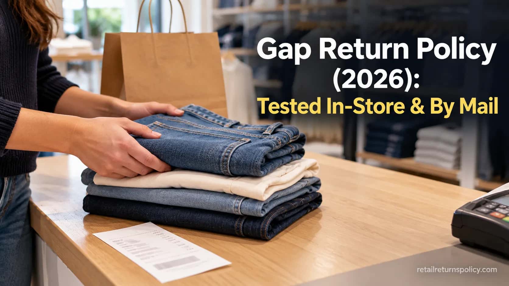 Folded denim and a receipt on a bright store counter, illustrating the Gap return policy.
