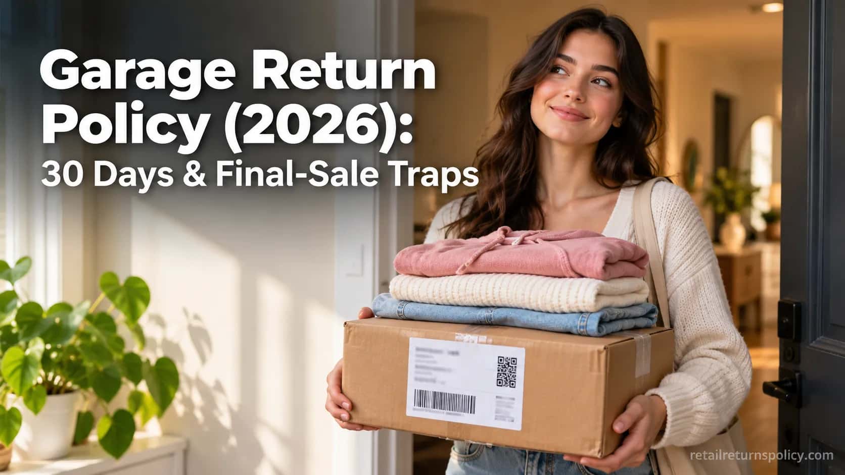 Shopper holding folded Garage clothing on a return mailer at a doorway, illustrating the Garage return policy.