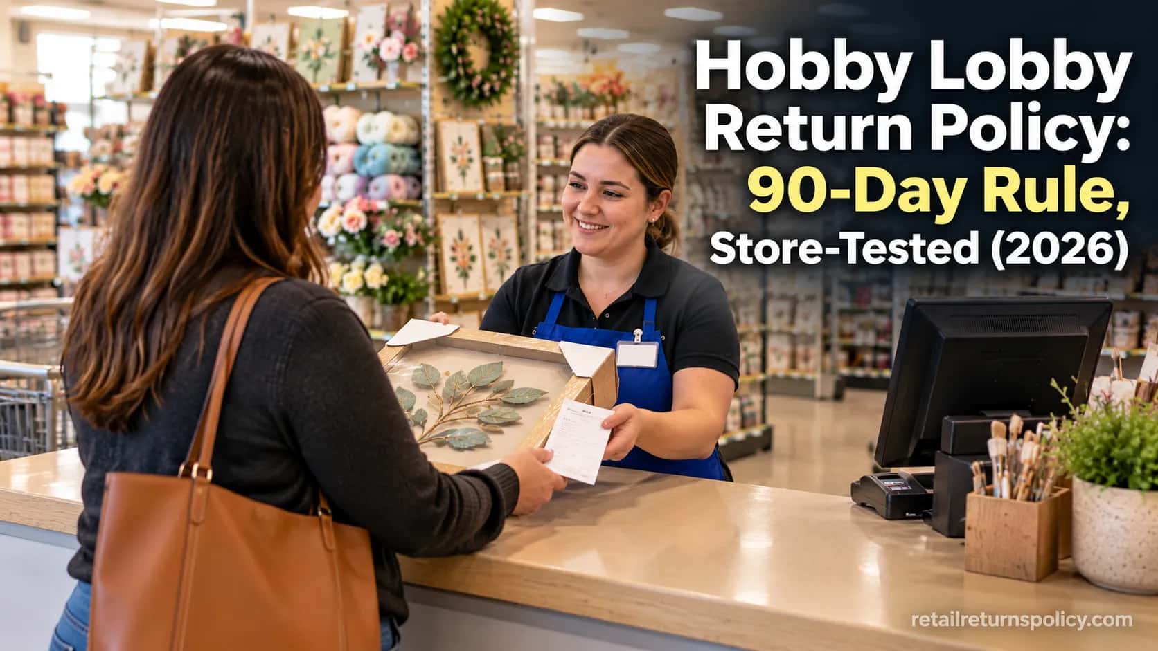 Shopper returning a boxed wall-decor item and receipt at a Hobby Lobby returns counter.