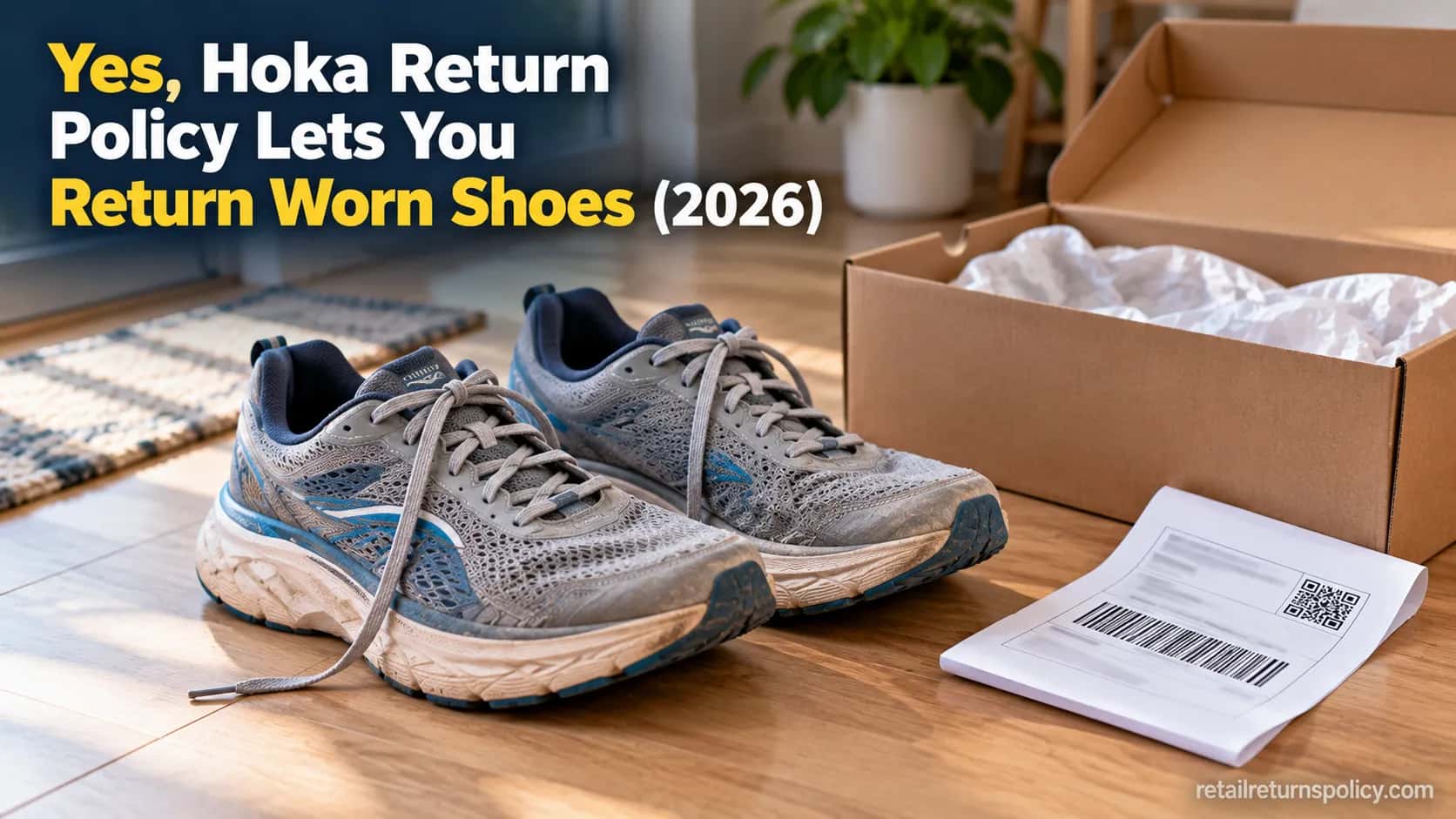 Worn Hoka running shoes with an open return box and a prepaid shipping label