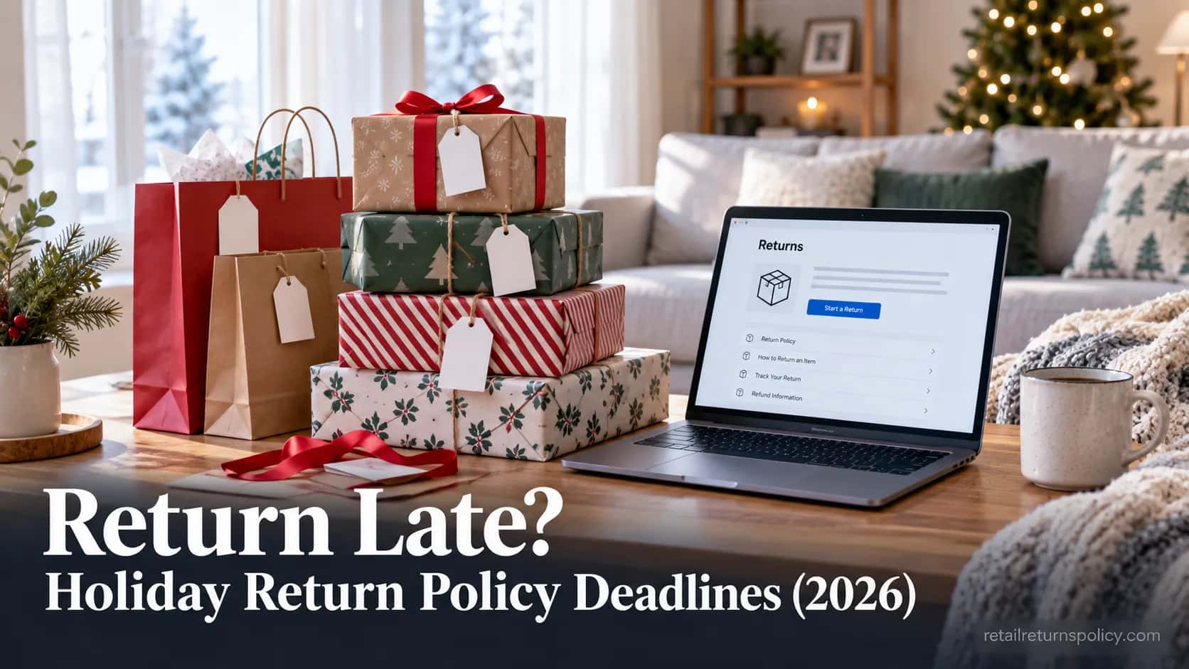 Holiday gift boxes with tags beside a laptop showing a store returns page after the holidays