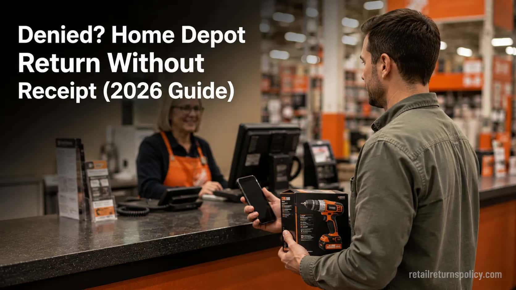 Customer making a Home Depot return without a receipt at the store service desk.