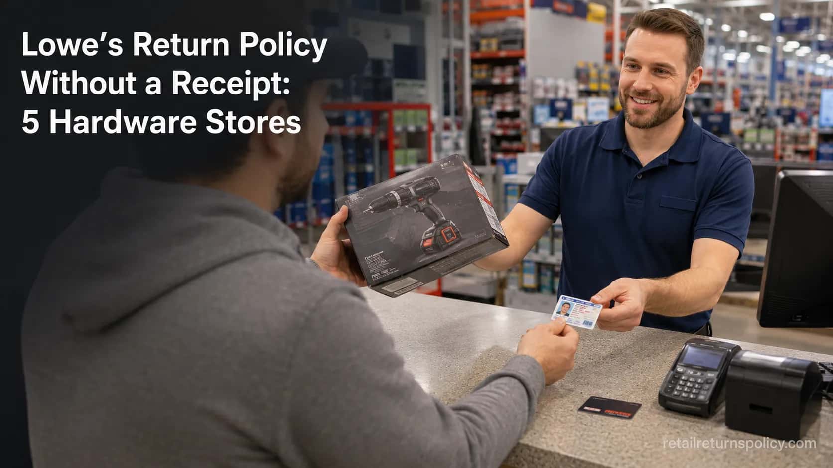 Customer returning a power tool without a receipt at a hardware store service desk.