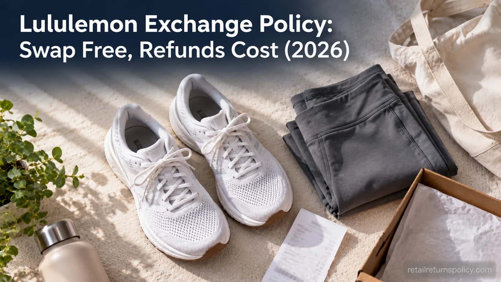 Sneakers and folded activewear with a receipt and shoe box, illustrating how store exchange policies compare.