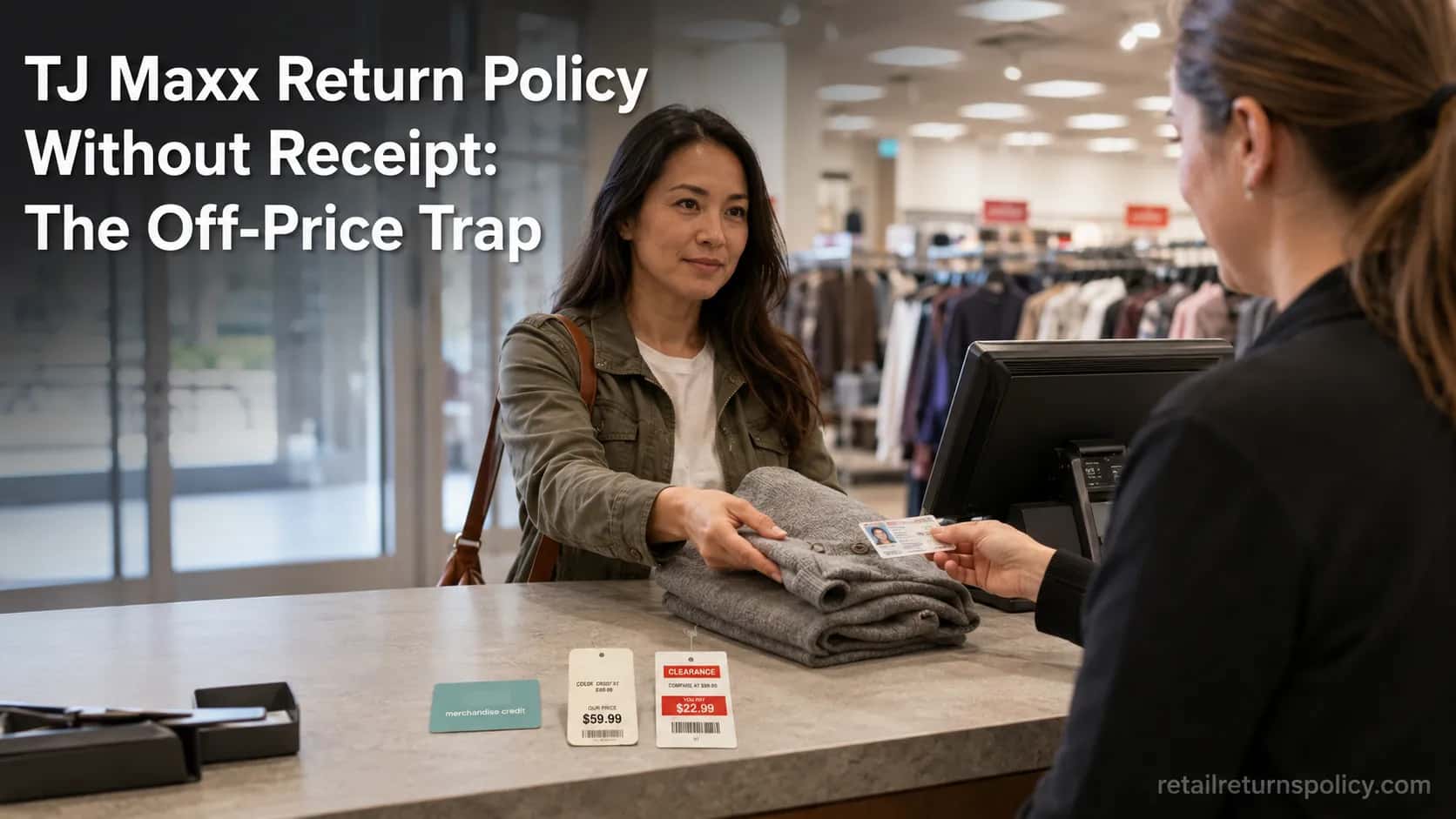 Shopper making a no-receipt return at an off-price store counter with ID and a store-credit card.