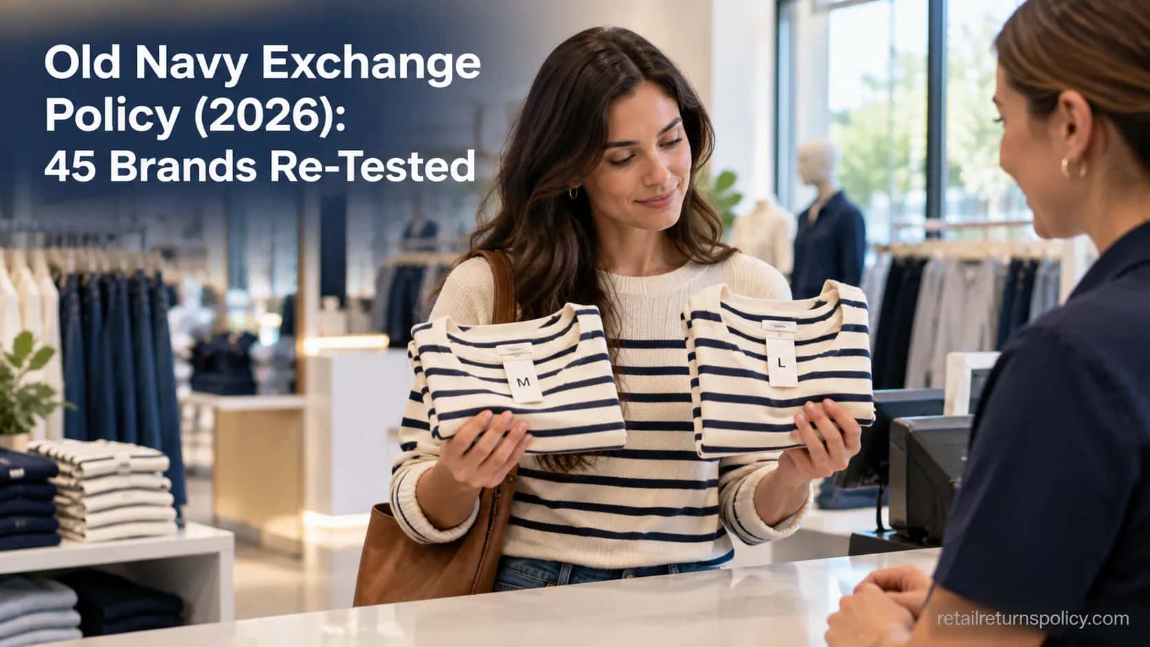 Shopper comparing two shirt sizes at an apparel store returns counter for an Old Navy exchange.