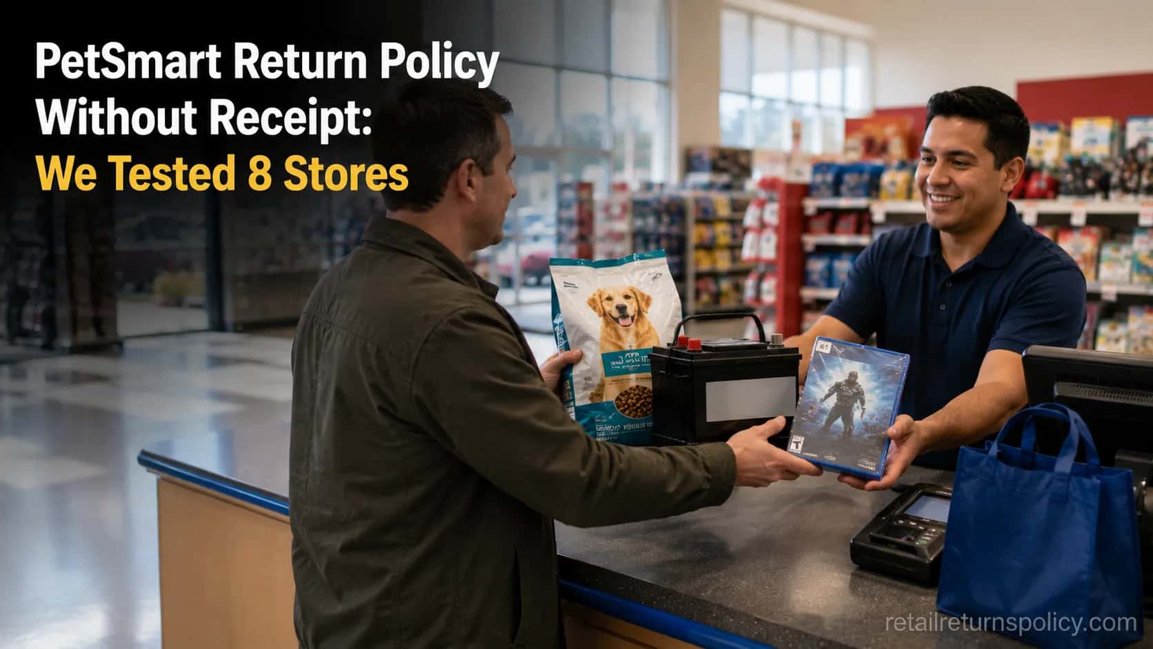 Shopper returning pet food, a car battery and a video game without a receipt at a store counter.