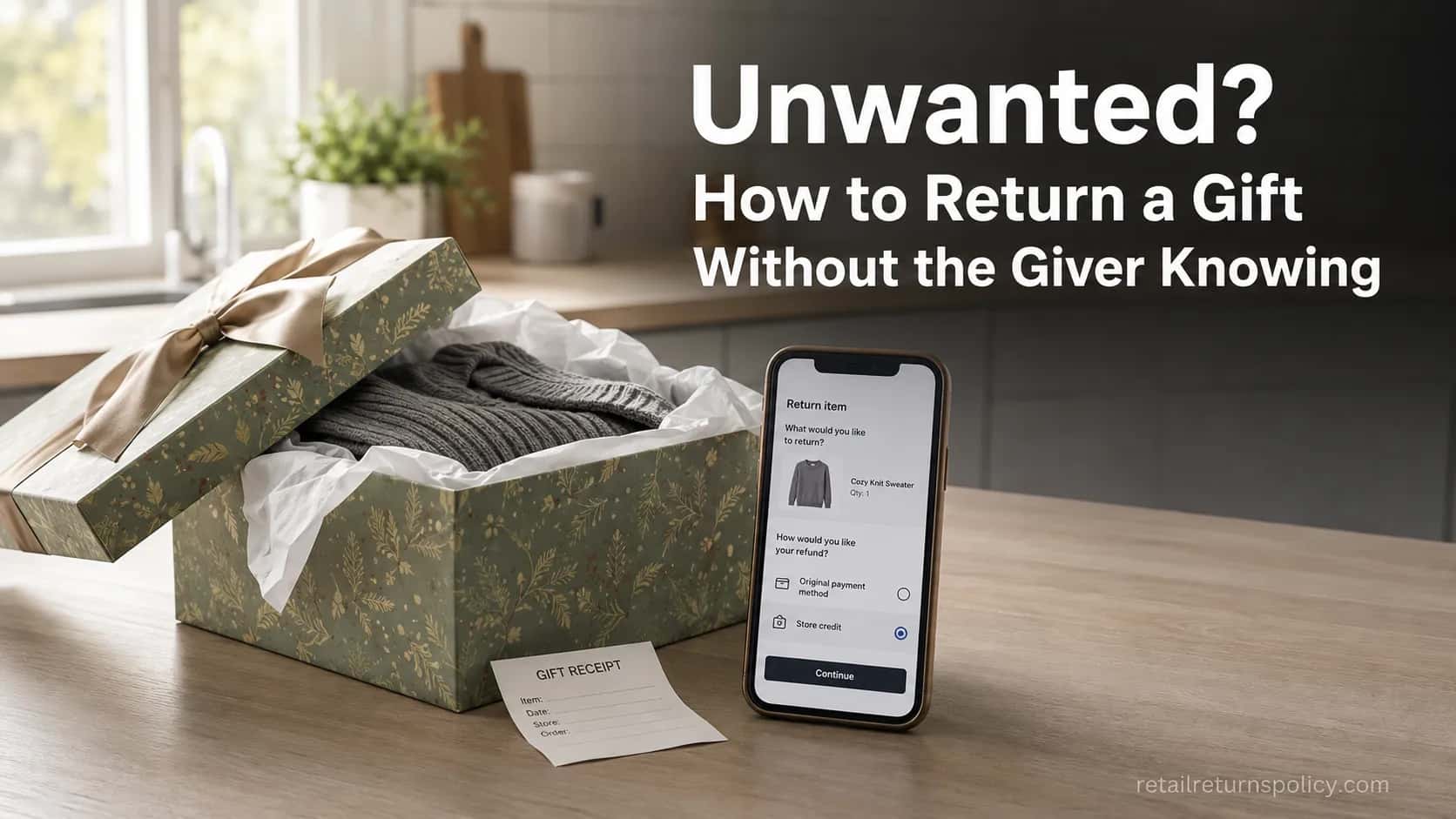how to return a gift, open gift box beside a phone showing a store return screen