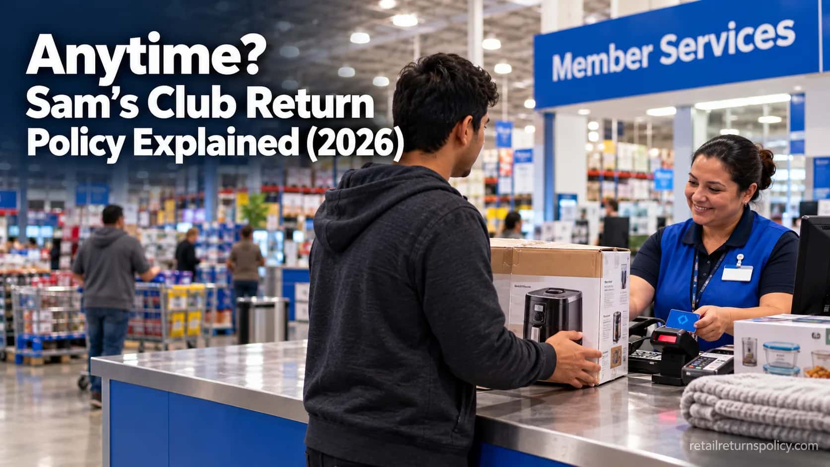 Shopper returning a boxed item at a Sam’s Club member services counter.