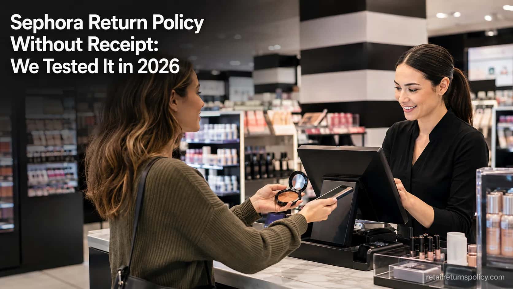 Shopper making a no-receipt return at a beauty store counter using her loyalty account and phone.