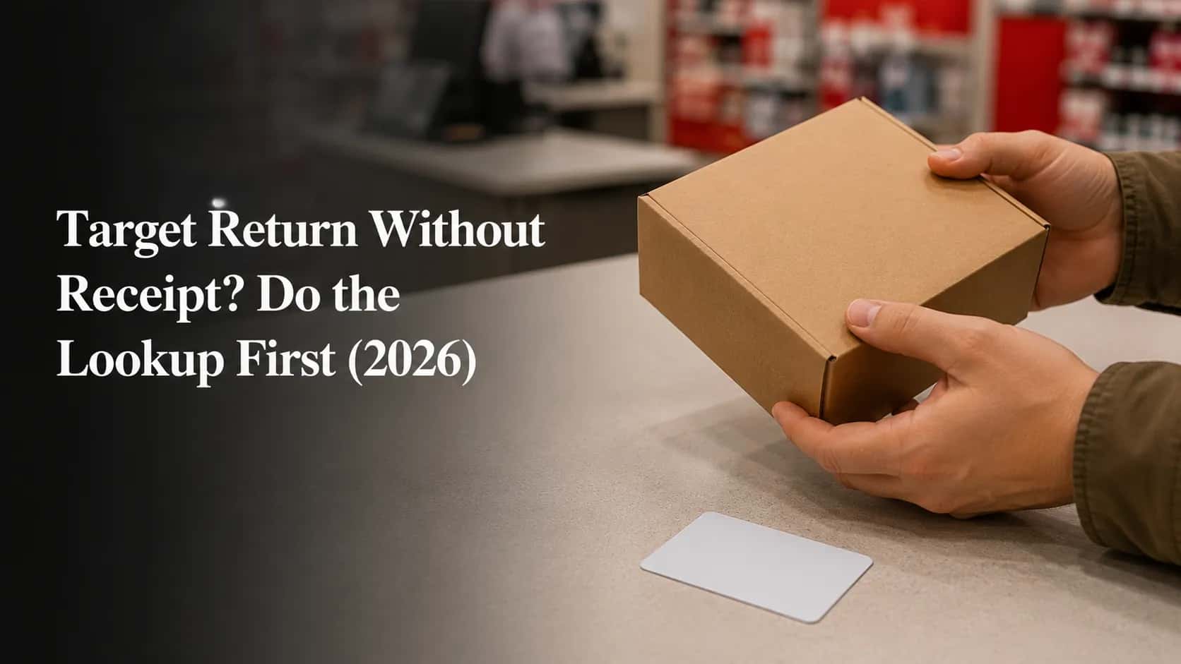 Featured image showing hands holding an unopened retail box above a service counter with a blank store credit card beside it, illustrating a Target return without a receipt.