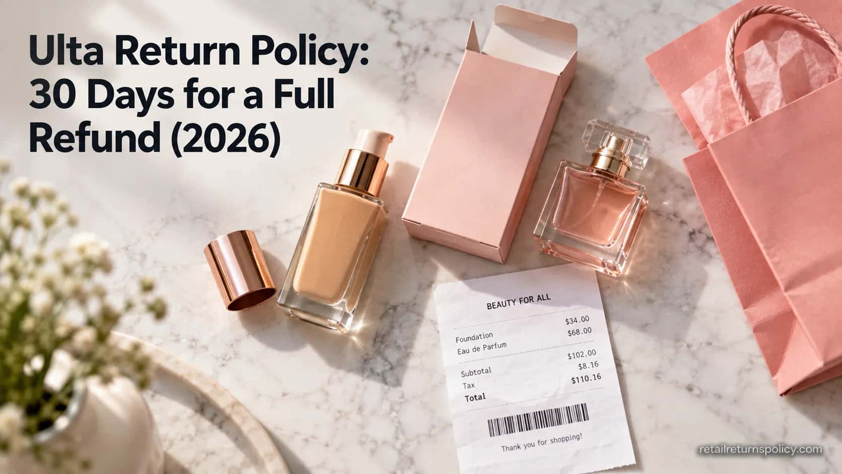 Ulta return flat-lay with foundation, opened perfume and a receipt on a marble counter