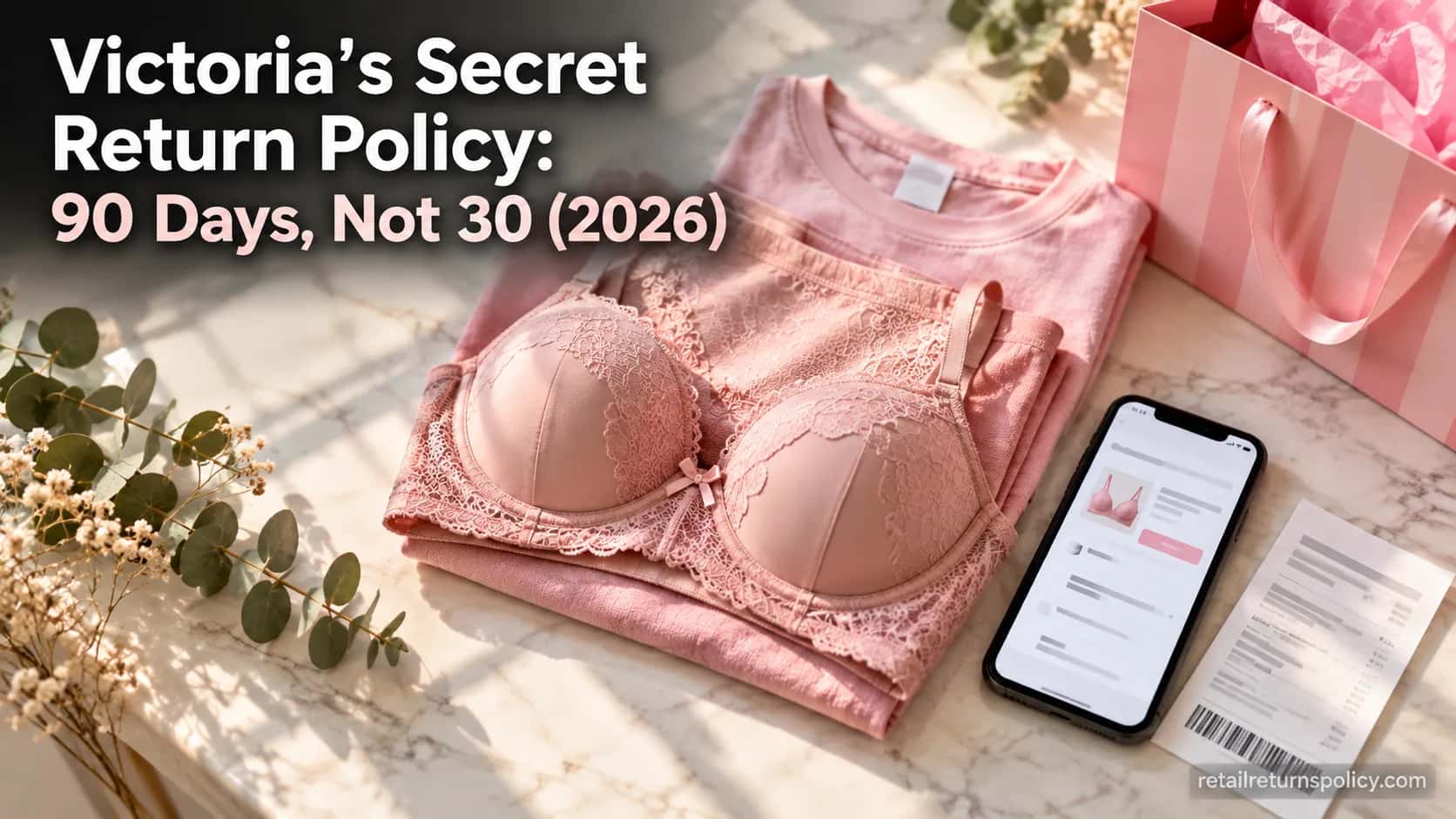 Victoria’s Secret return policy 2026 flat-lay with folded lingerie, pink bag, receipt and a phone showing an order screen.
