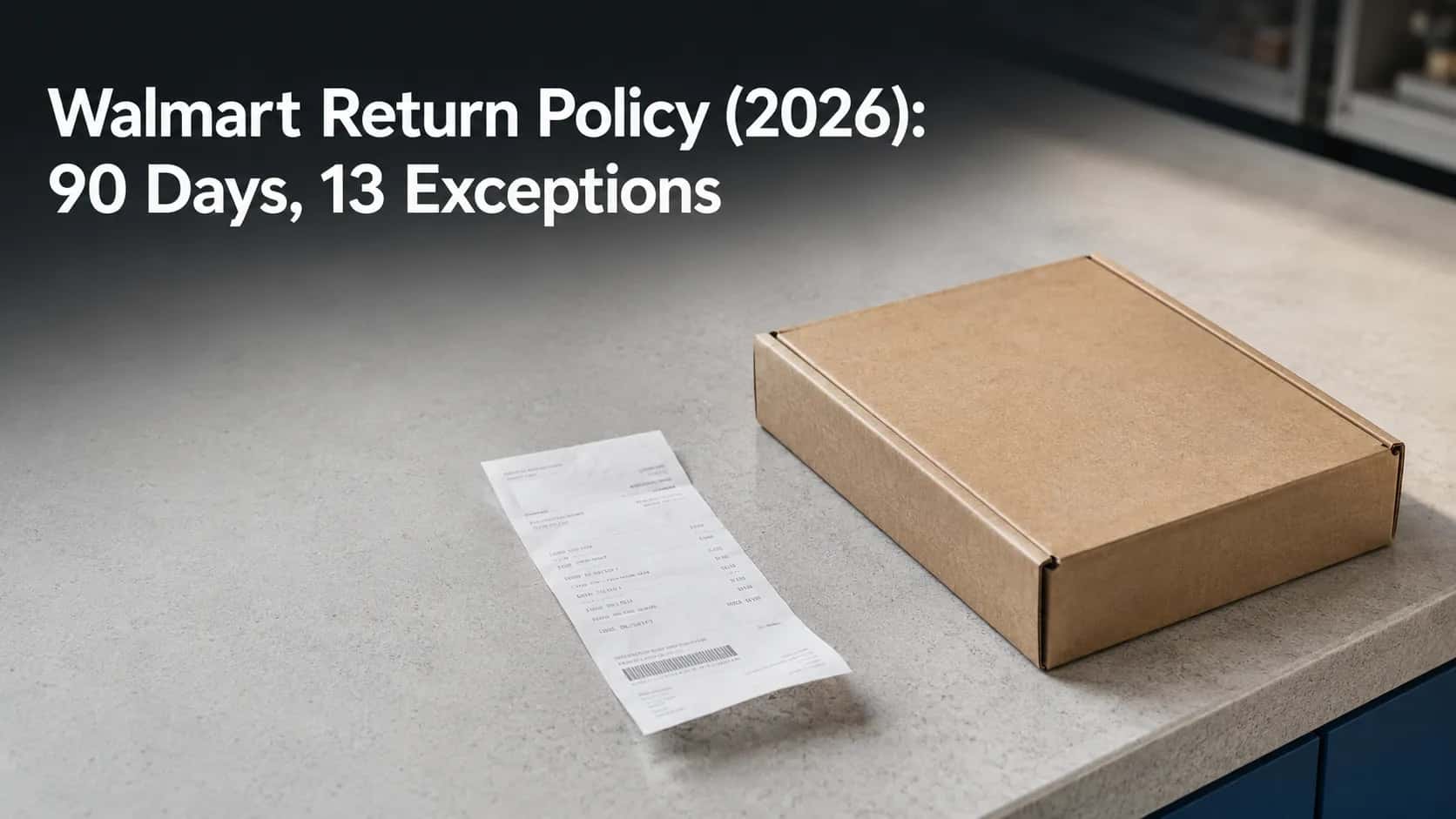 Folded shipping box and paper receipt on a store counter representing Walmart return policy 2026, including the 90-day return window and exceptions
