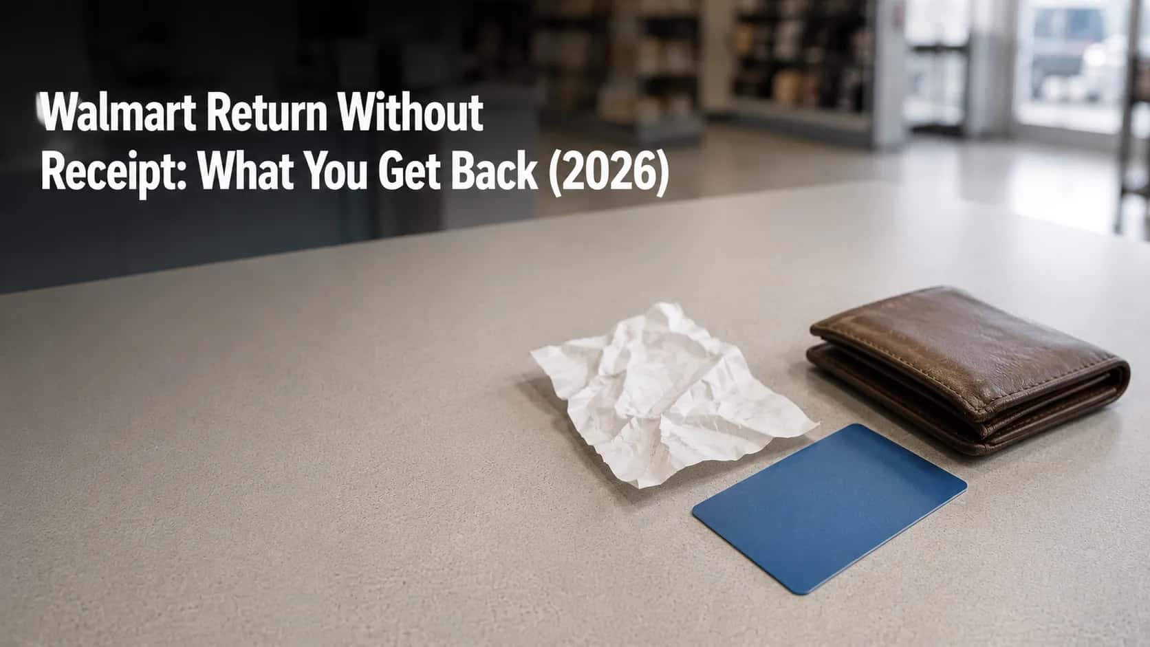 Featured image showing a crumpled receipt, plain gift card, and wallet on a retail service counter illustrating no-receipt return outcomes in 2026.