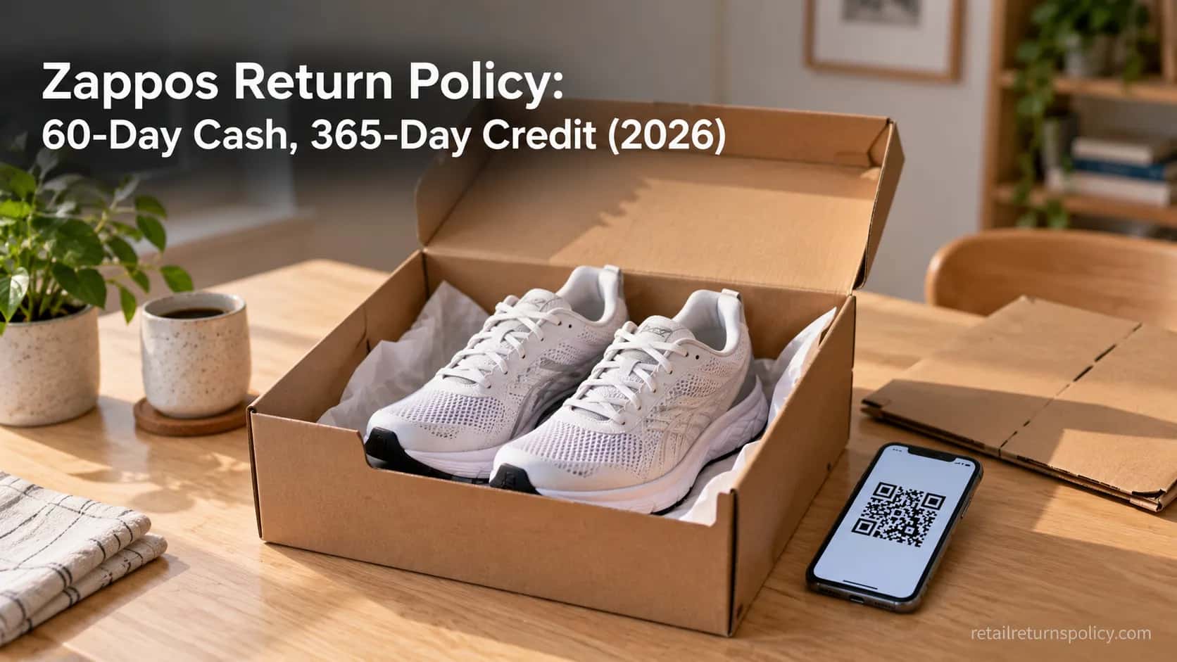 Zappos return policy 2026 cover: unworn running shoes in a shoe box beside a return QR code