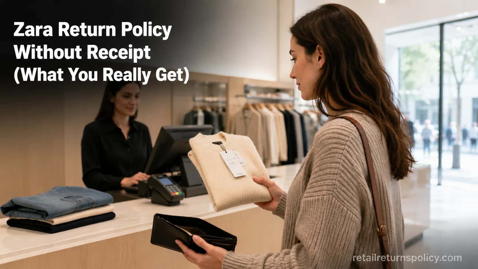 Shopper returning a tagged Zara knit top at a store counter without a receipt.
