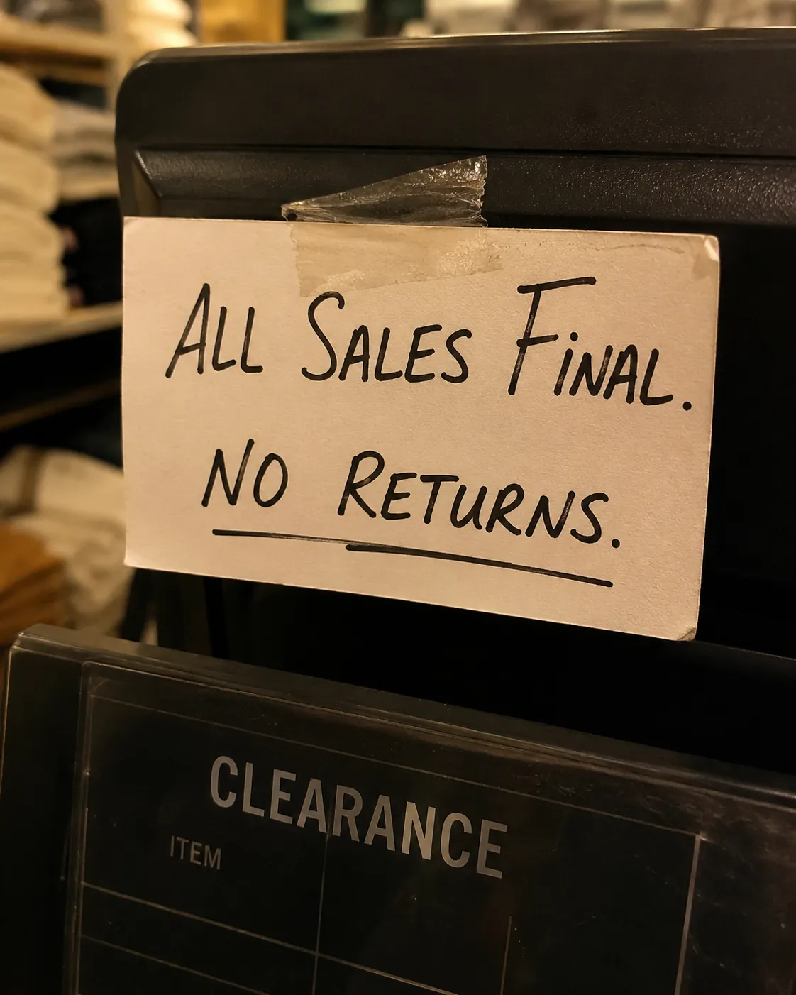 Handwritten “All Sales Final – No Returns” card taped to a clearance checkout register under warm store lighting, illustrating a final-sale retail policy.