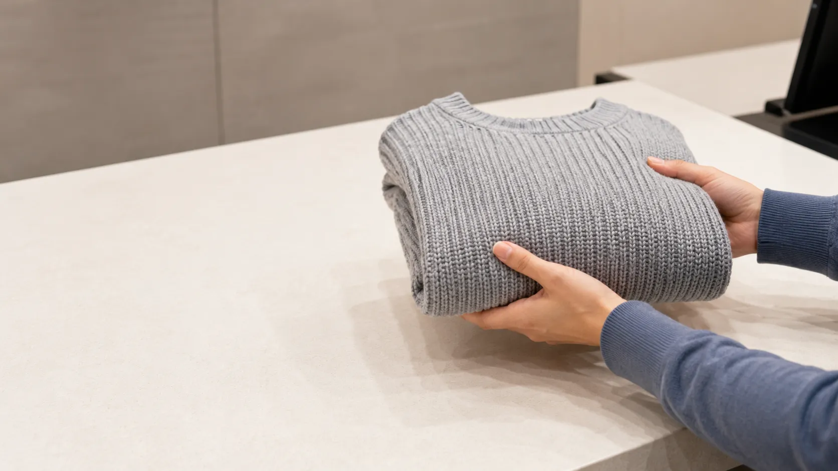 Folded grey garment being handed across a retail counter, illustrating a quick Amazon box-free return where most items were accepted without needing extra packaging.