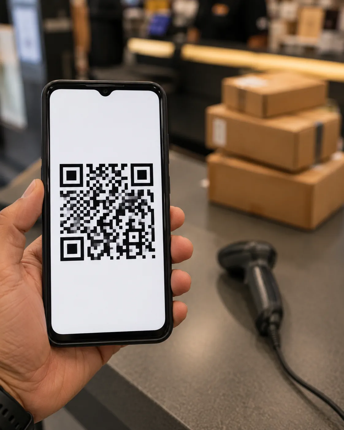 Hand holding a smartphone displaying a box-free Amazon return QR code at a parcel drop-off counter, with a barcode scanner and shipping boxes blurred in the background.