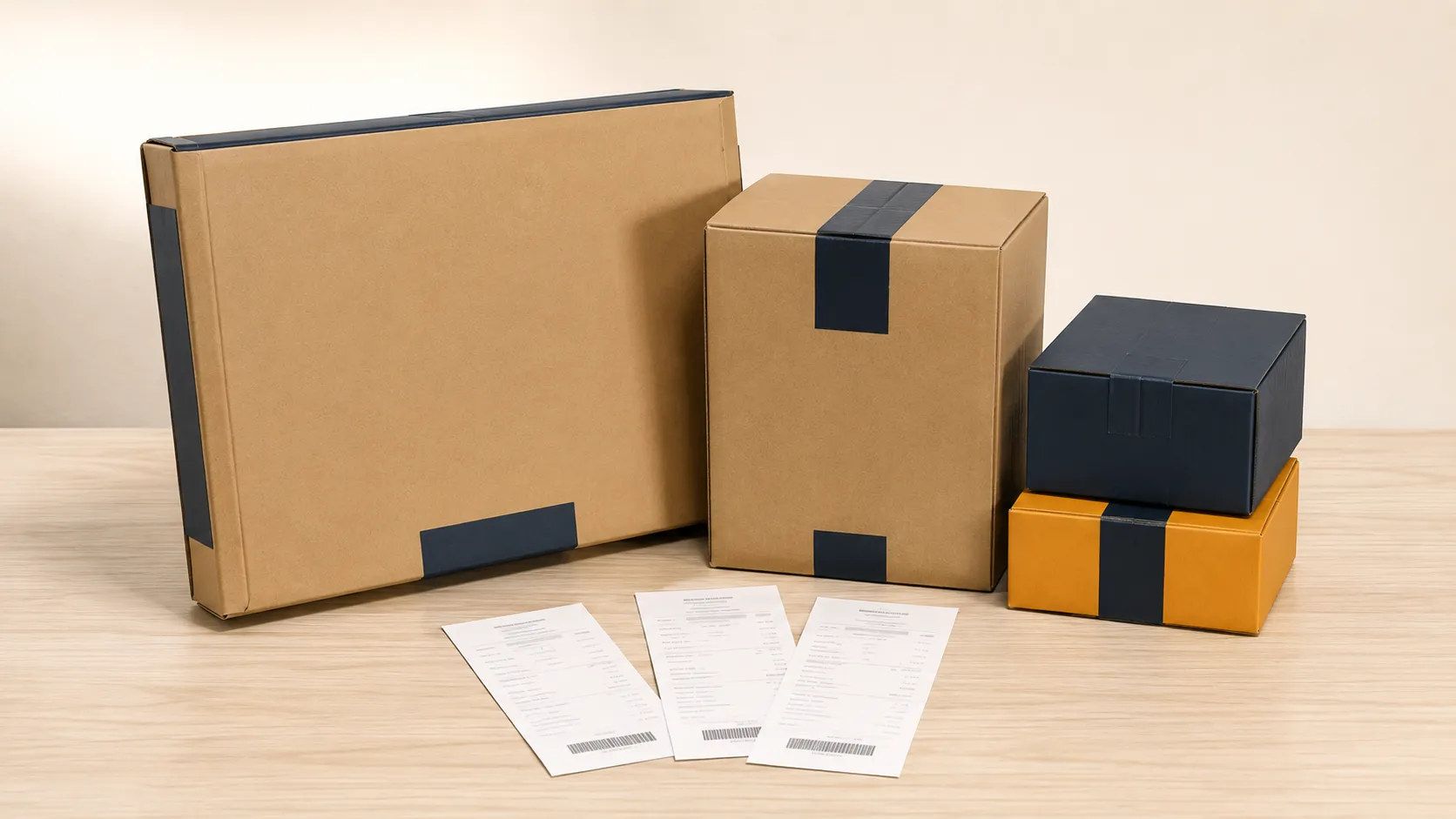 Four sealed electronics shipping boxes with three drop-off receipts arranged on a wooden surface, illustrating multiple Amazon returns prepared for shipment in March 2026.