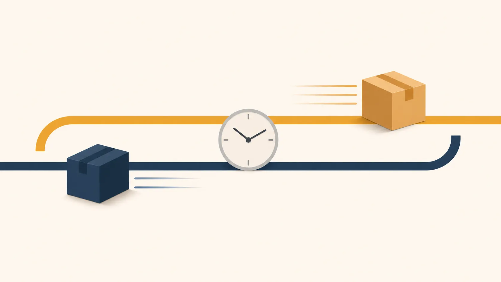 Illustration of two parcels moving in opposite directions with a clock between them, showing how an Amazon exchange ships the replacement while the original item is still being returned.