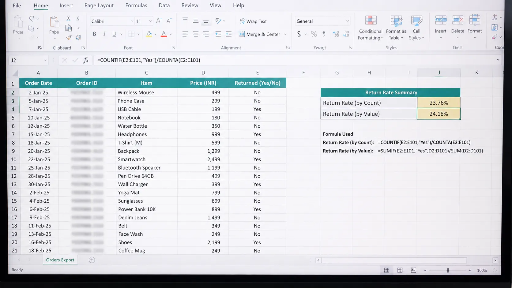 Representative illustration of a spreadsheet showing exported online order history with columns for order date, item, price, and return status, plus highlighted cells calculating return rate by order.