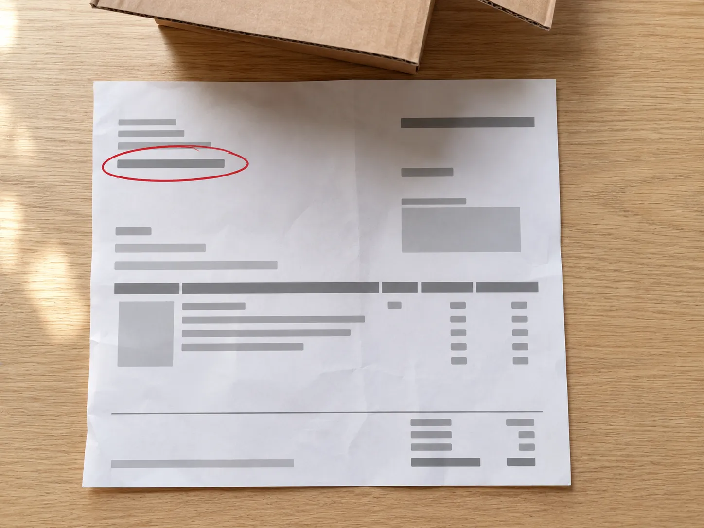 Overhead illustration of an Amazon packing slip with a circled Order ID area and the delivery address redacted, photographed beside an open shipping box on a wooden table