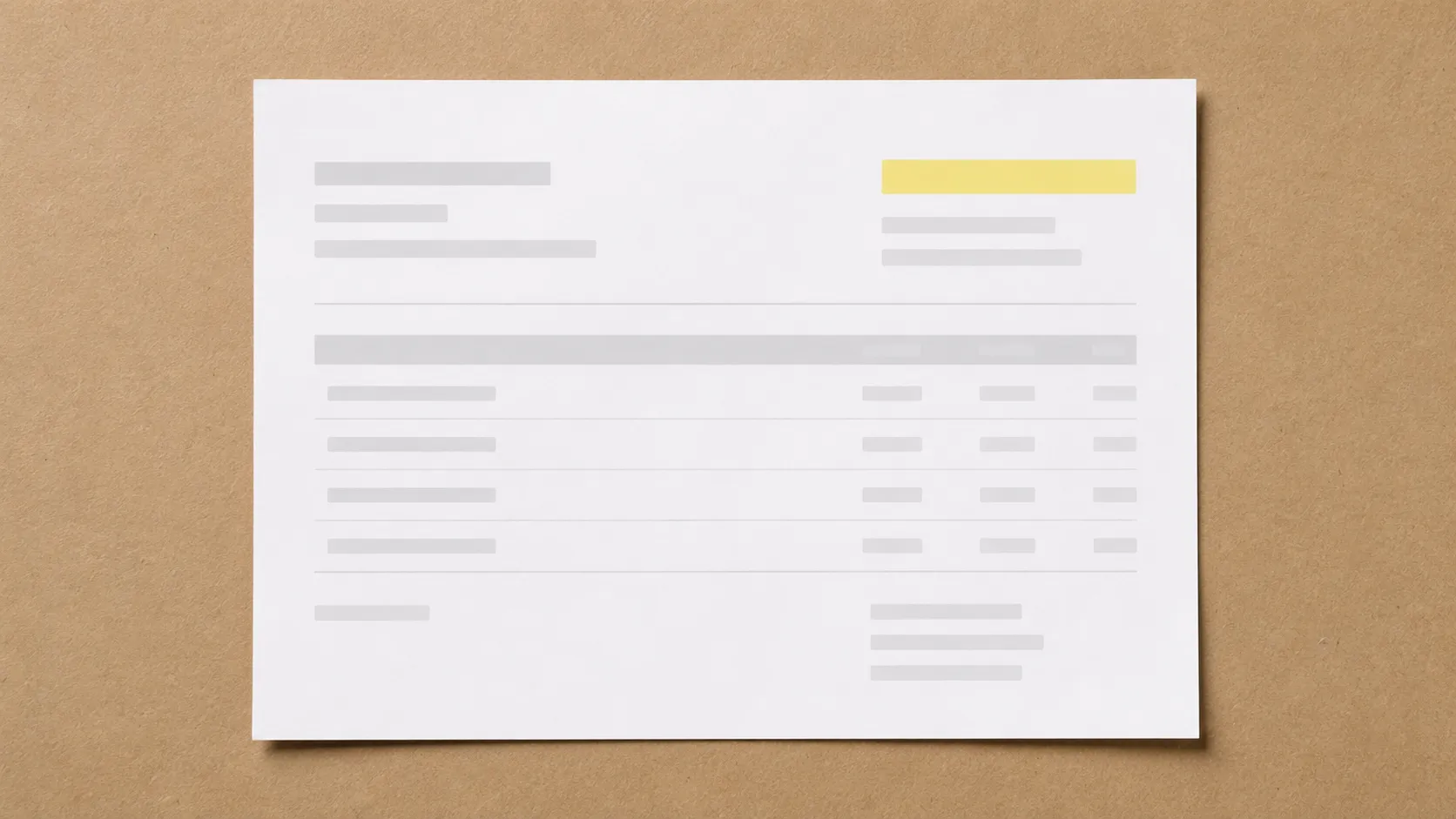 Overhead view of a packing slip on kraft cardboard with a highlighted area in the upper-right corner, illustrating where the Amazon order number appears above the item list. cite