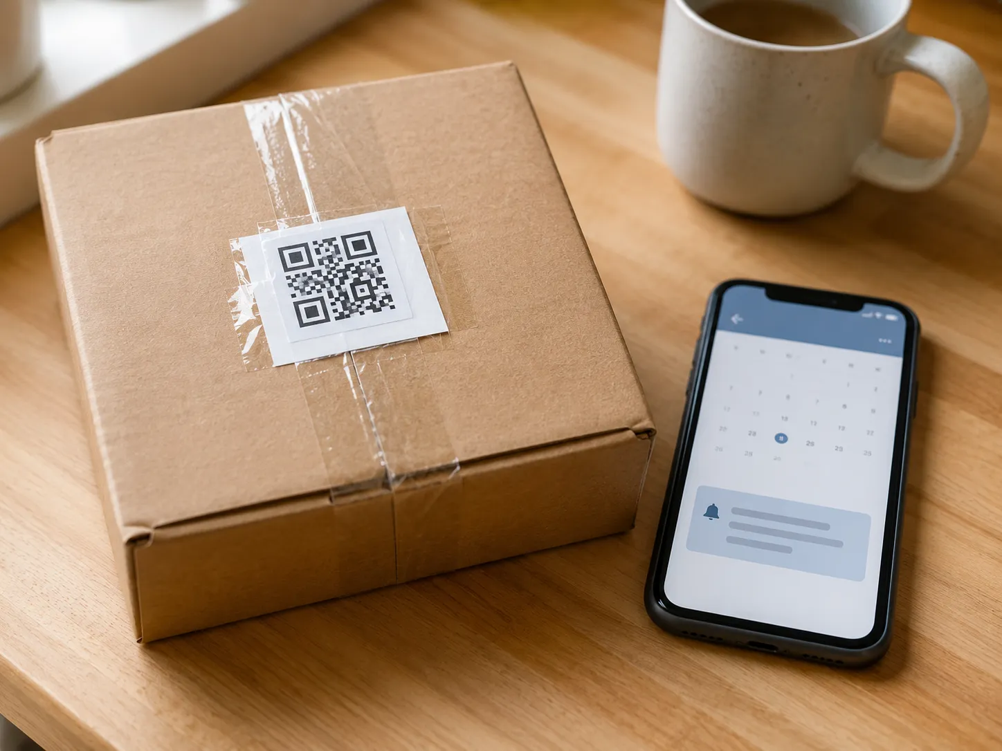 Sealed return parcel with a QR code slip beside a smartphone showing a calendar reminder, illustrating setting a reminder immediately after Amazon return approval.
