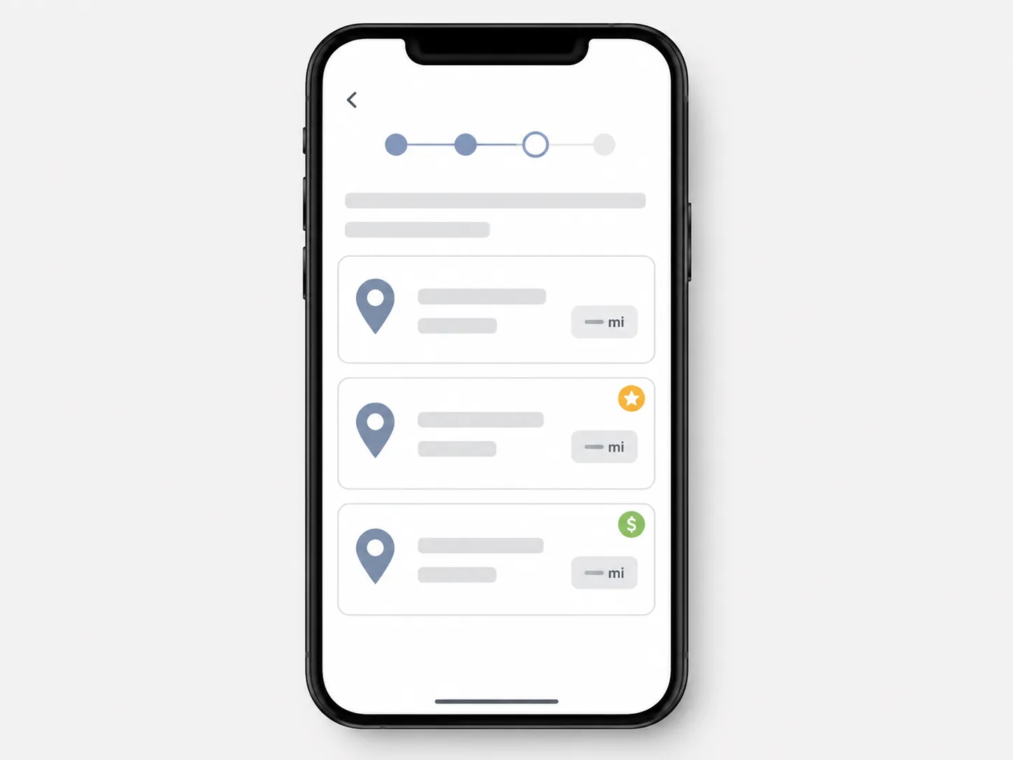 Smartphone showing three generic return drop-off locations with map pins and highlighted options, illustrating free and paid return choices based on selected location.