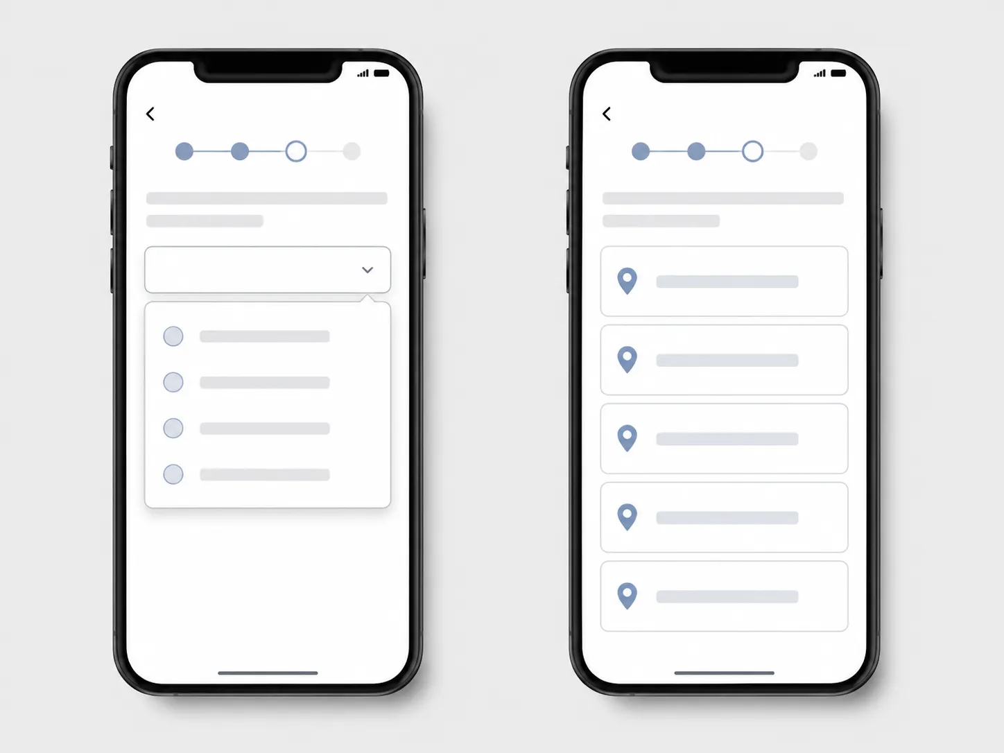Two smartphones side by side showing a generic return reason menu and different return location options, illustrating how changing a return reason can affect available stores.