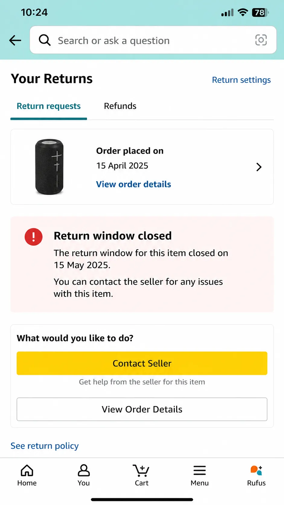 Representative illustration of a mobile returns screen showing a past-order message that the return window has closed, with options to contact the seller or view order details and no personal.