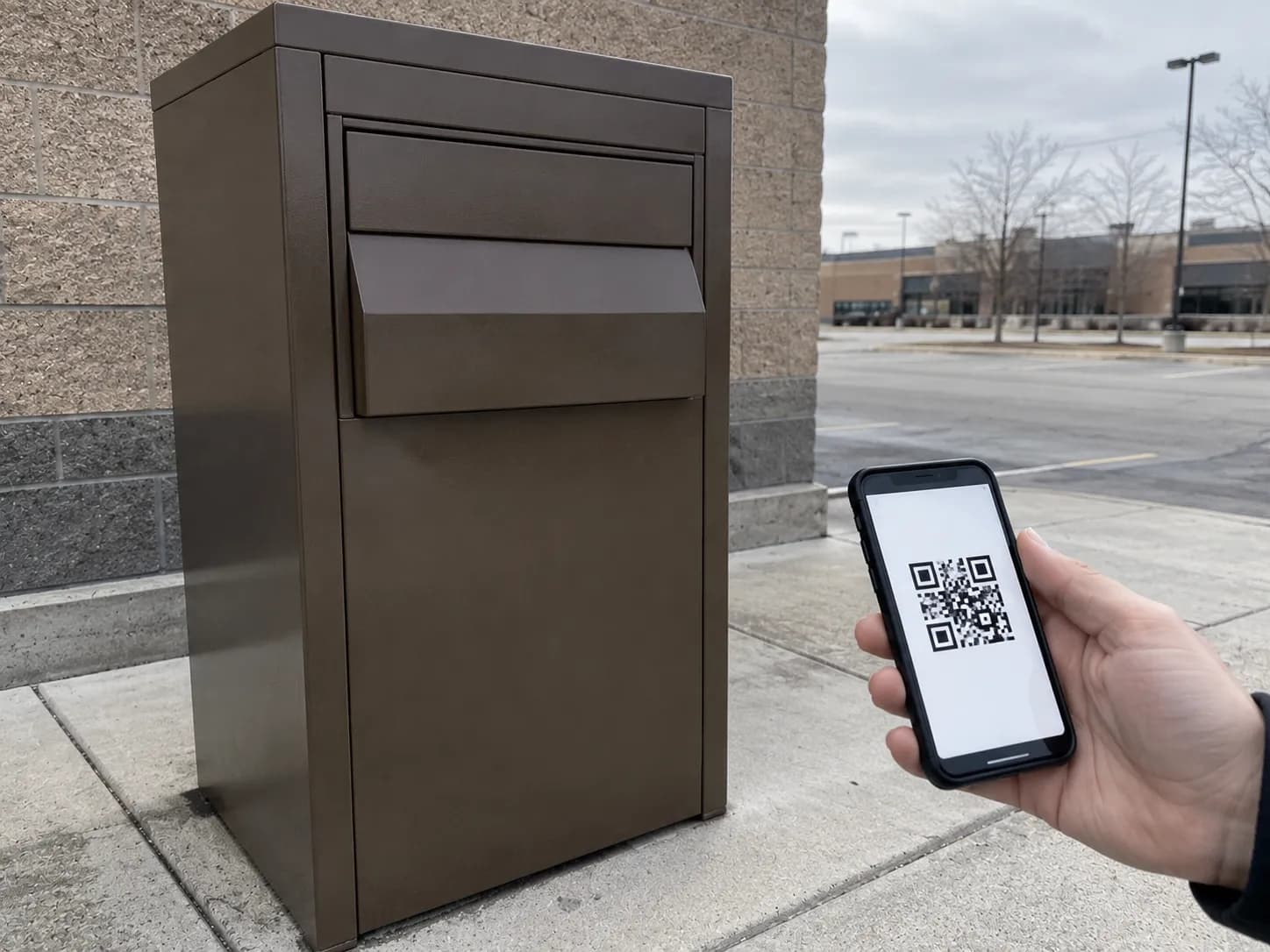 Unbranded parcel drop box beside a smartphone displaying a QR code, illustrating an unmanned return location with no scanner available for package drop-off.